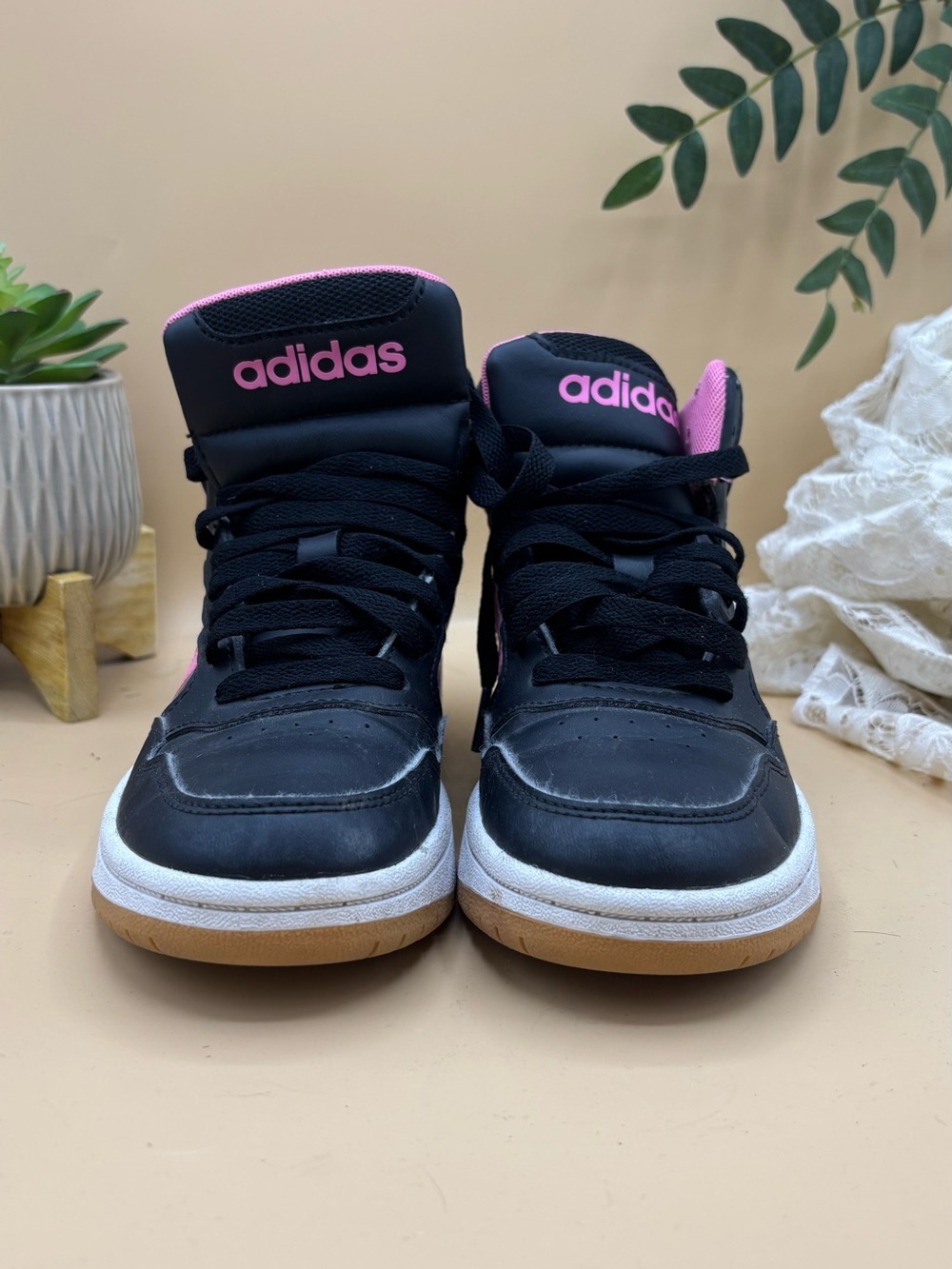 Adidas Kids High-Top Sneakers Black Pink White Youth Size 2